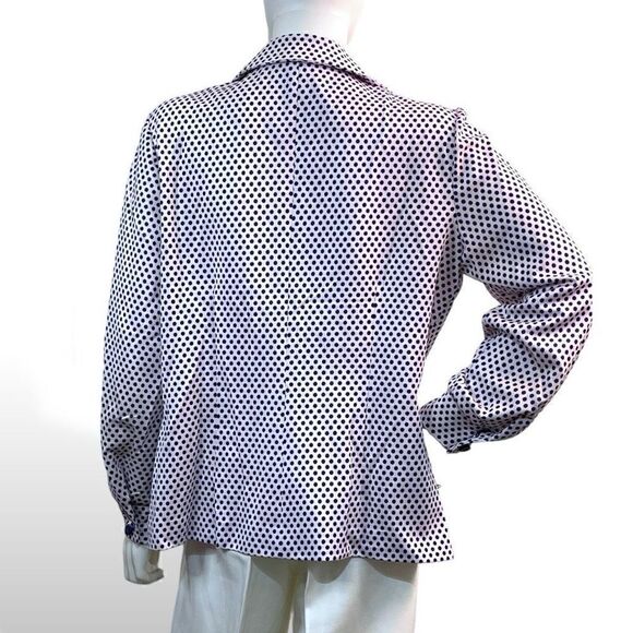 70’s Vintage White & Navy Dot Polyester Button Down Long Sleeve Shirt Top XL 16 - Picture 6 of 8